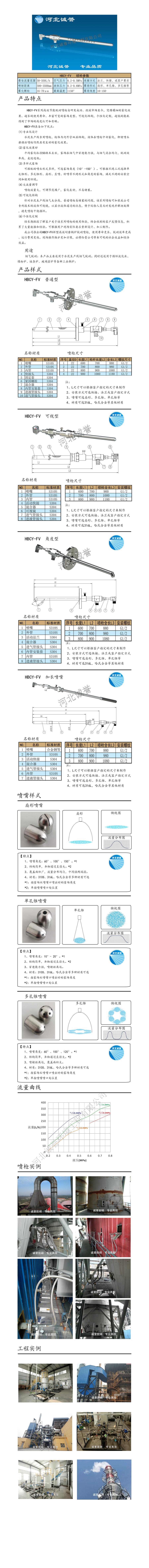 FV脫硝噴槍保護套、噴槍參數(shù)、材質(zhì)尺寸、流量分布圖、扇形空心錐俯視圖介紹，以及噴槍霧化視頻展示和工程案例介紹