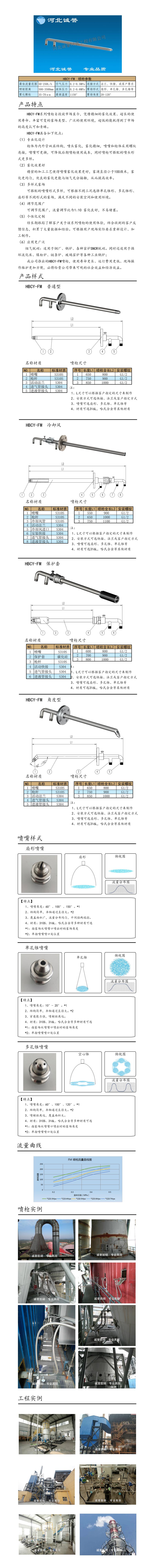 電廠脫硝噴槍保護套、噴槍參數、材質尺寸、流量分布圖、扇形空心錐俯視圖介紹，以及噴槍霧化視頻展示和工程案例介紹